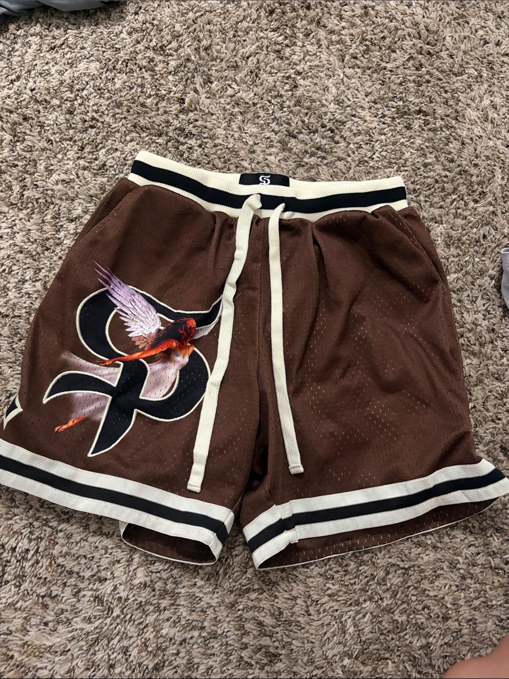 Brown Athletic Mesh Men's Shorts with Winged Graphic and Contrast Trim